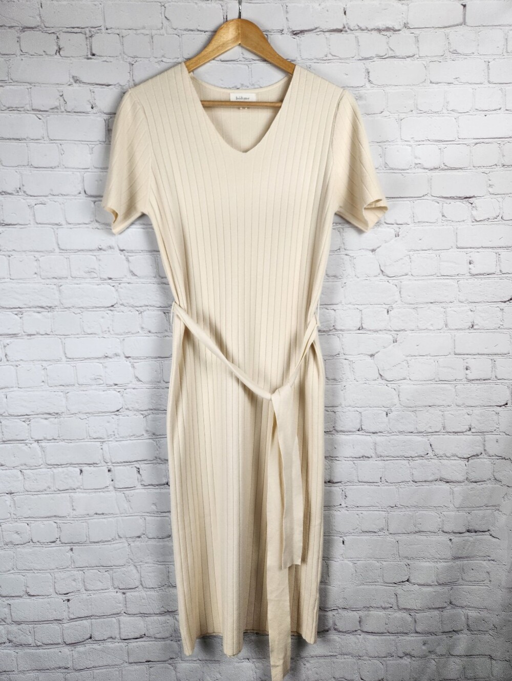 Bohme Cream Ribbed V-Neck Tie-Waist Midi Dress